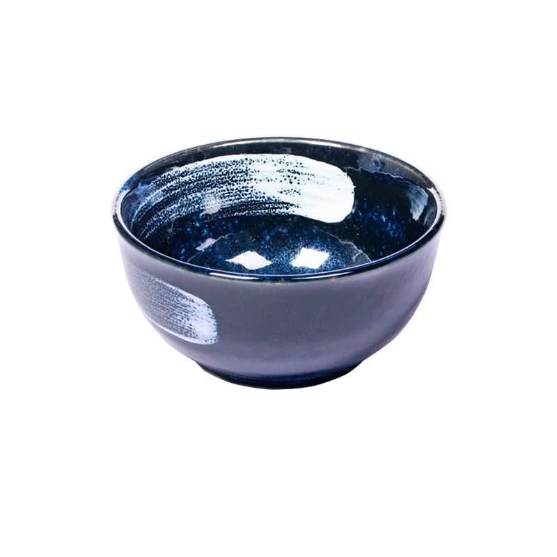 Japan Imported Mino Kiln Changed Brush Hair Ceramic Bowl, dark blue with white brush strokes.